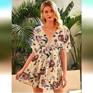 Floerns Women's Tropical Floral Plunging V Neck Tie Open Back Summer Short Dress